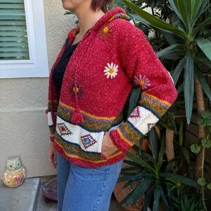 Colorful Floral HandKnit Wool/Cotton Jacket with the Hood and Pockets